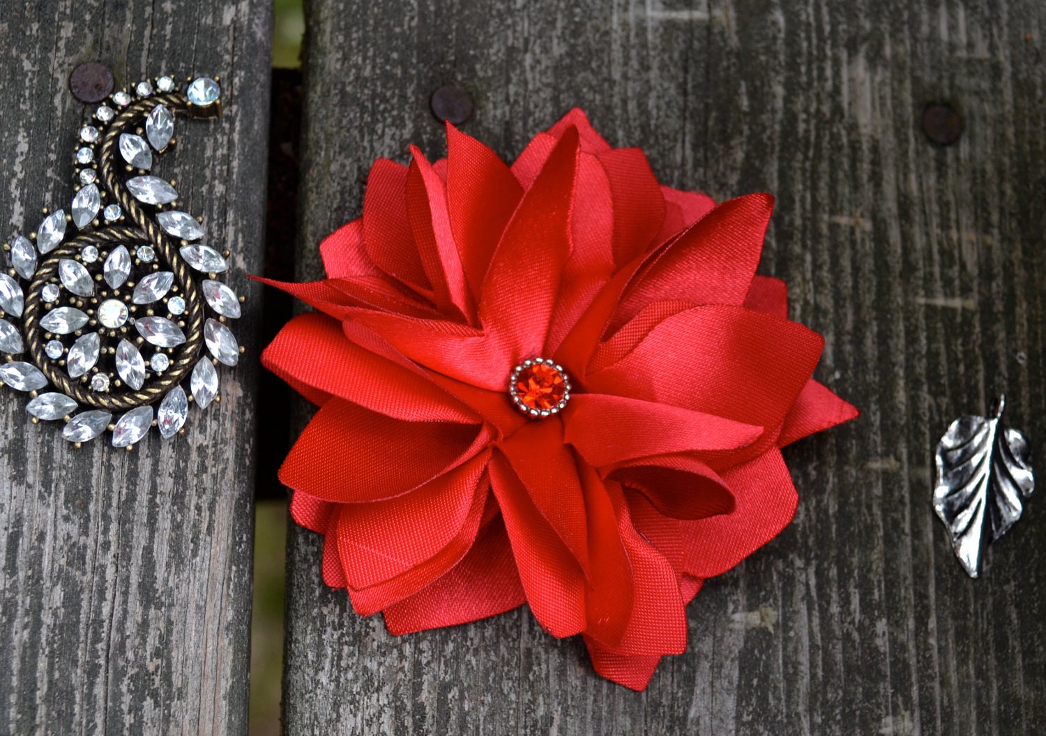 Red  Satin Flower Hair Clip - Flower Brooch - Christmas Flower - SALE 15%