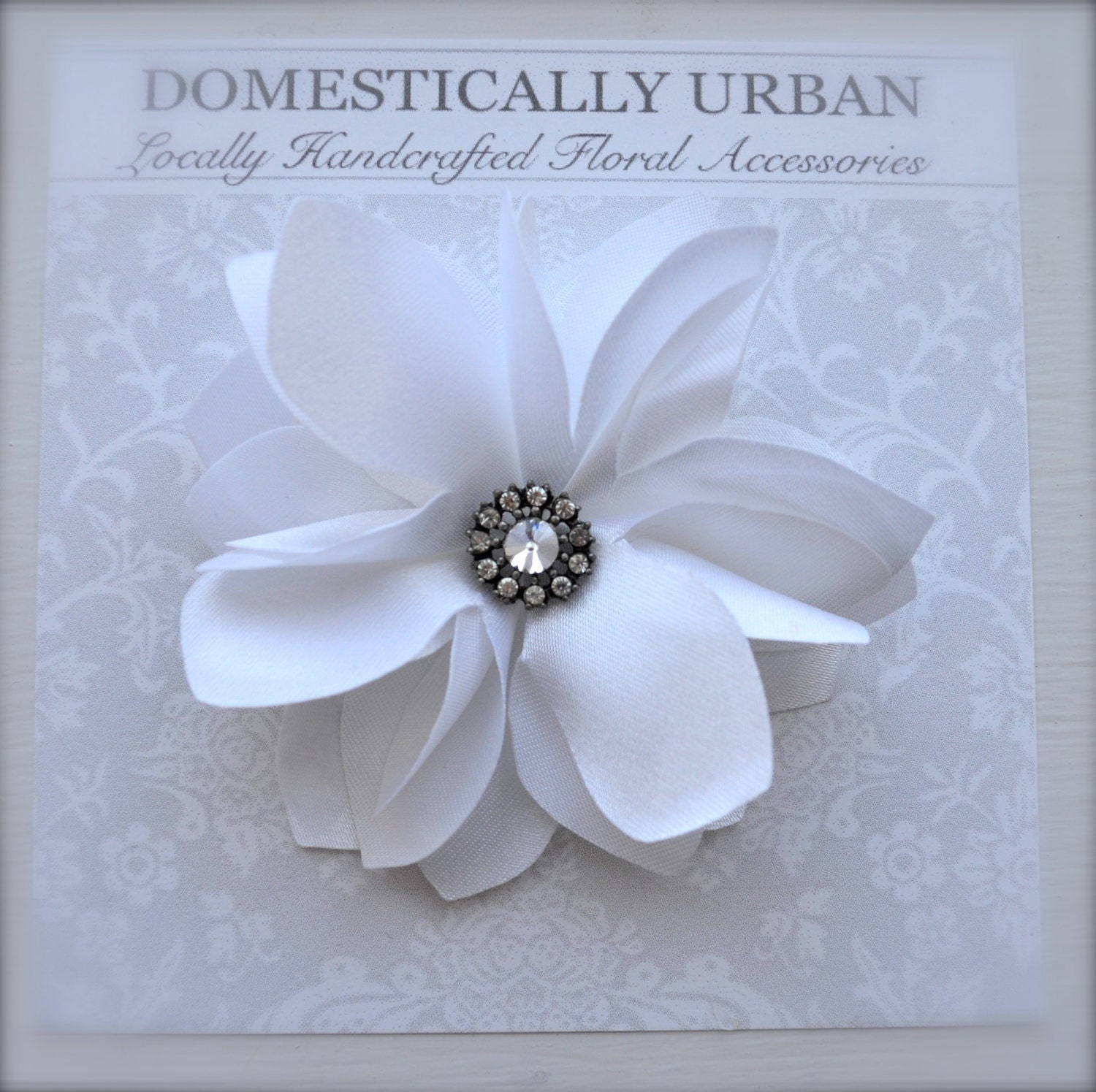 Bridal Flower Hair Clip - White Satin - Vintage Pendant - Rhinestone Fascinator- SALE