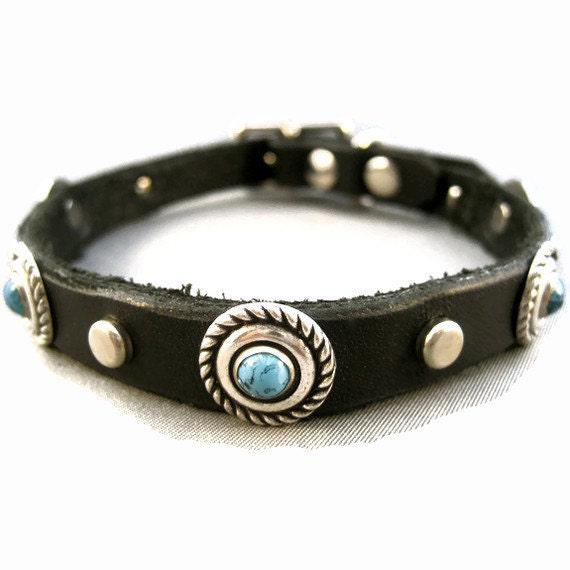 Leather Dog Collar, Black Latigo, Little Concho Leather Dog Collar, Black Latigo, Little Concho