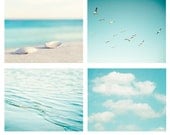 Beach Photography Set - aqua blue photography beach ocean photography sea wall art clouds cottage decor - Four 5x7 Photographs, "By the Sea"