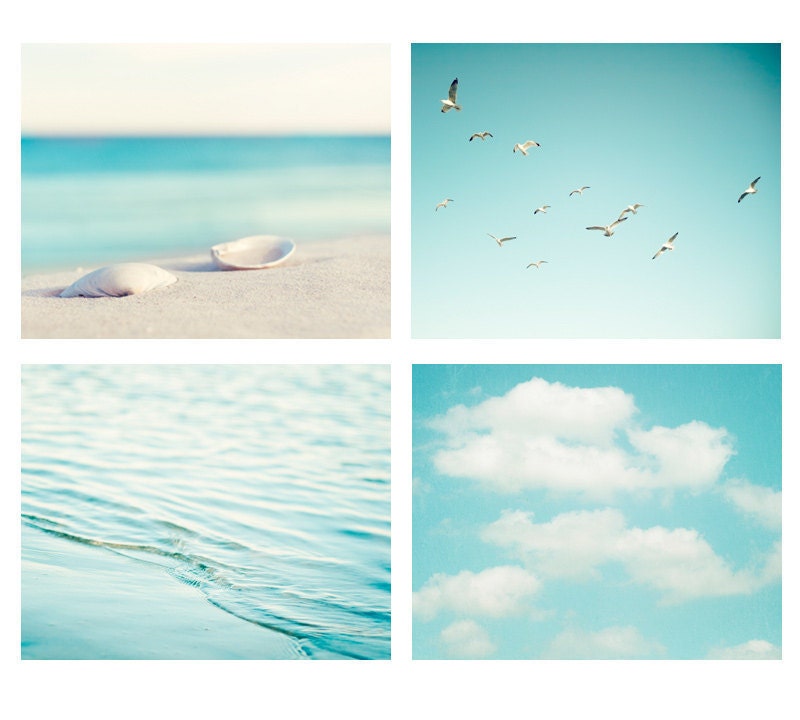 Beach Photography Set - aqua blue ocean seashore - coastal wall art - seashells clouds water sea photo prints - Four 8x10 Photographs