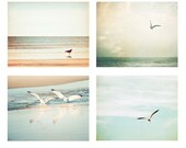 Seagull Bird Photography Set - beach bird photo print set pastel pale bird flying sky ocean wall art seashore - Four 11x14, 8x10 Photographs