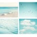Beach Photography Set - aqua blue ocean seashore - coastal wall art - seashells clouds water sea photo prints - Four 8x10 Photographs