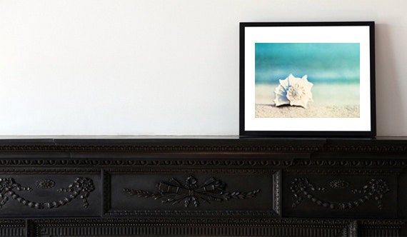 Seashell Photography - beach conch shell print - aqua blue beach photo sea - ocean white wall print - 5x7 Photograph - "Paradise"