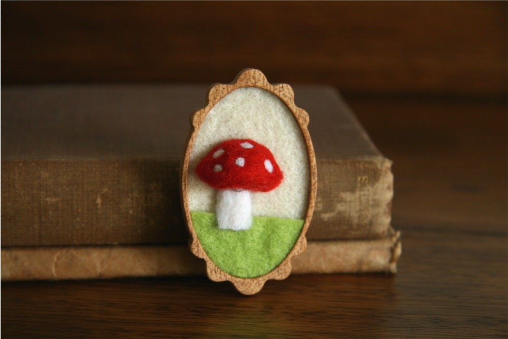 Red Woodland Mushroom on Green Grass Wooden Mahogany and Felt Brooch