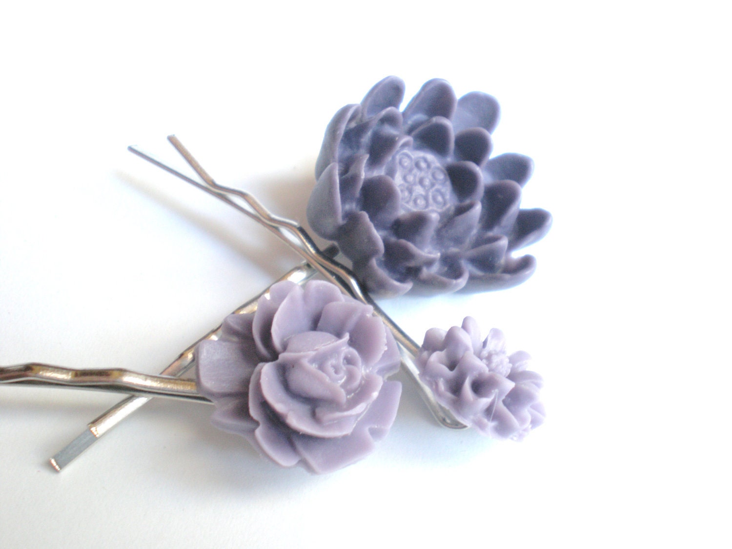 Purple Flower Hair Pins, Resin, Mix