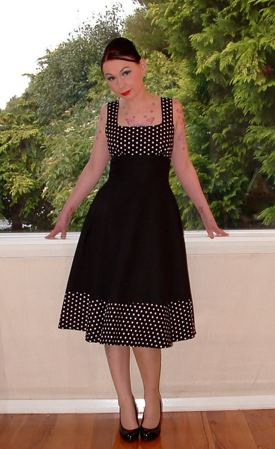Pin up Dress in Black with Polka Dot Bodice in Full Skirted 1950s Rockabilly Retro Style- custom made to fit