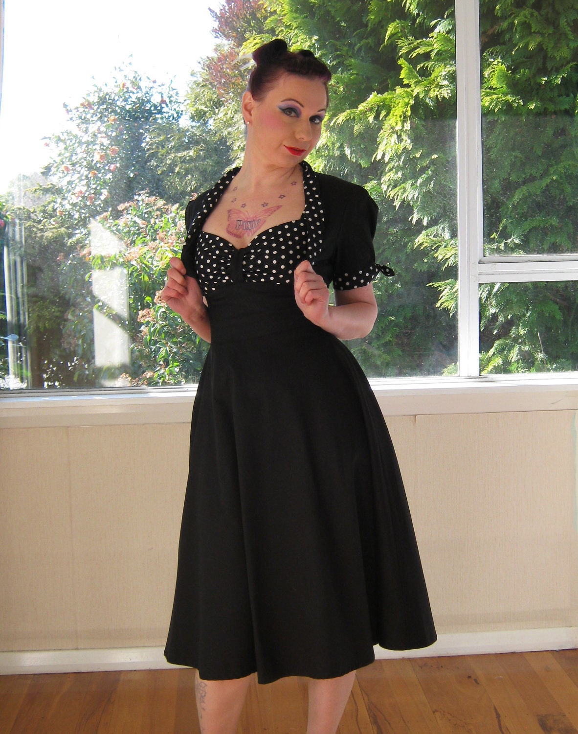 Polka Dot Bolero Jacket in Pin Up, 1950s and Rockabilly Black with Polka Dot Fabric Lapels and Sleeve Ties - Custom Made to Fit