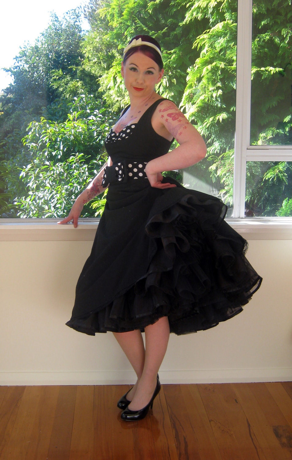 Pin up Dress in Black with Polka Dot Bodice Detail and Belt in Full Skirted 1950s Rockabilly Style with Black Petticoat - custom made to fit