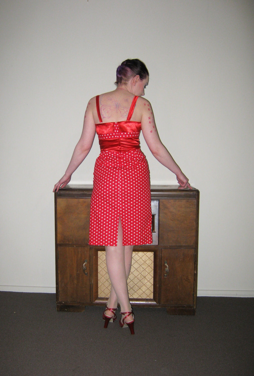 Red Polka Dot Pin up Wiggle Dress with Red Satin Trim - custom made to fit