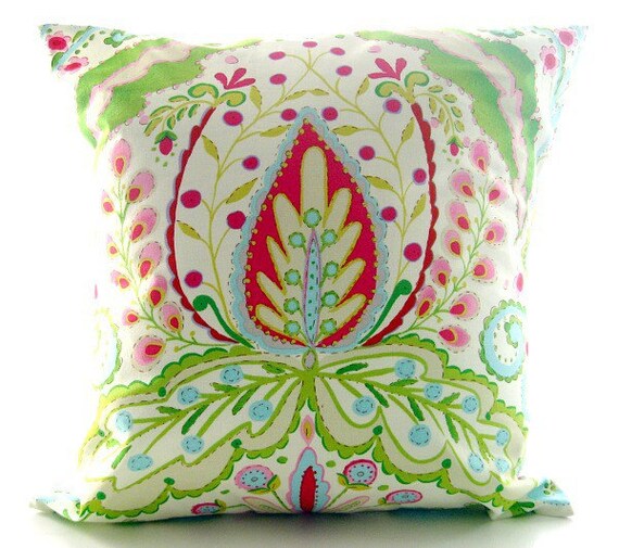Kumari Garden Throw Pillow Cover. Pink Green And Aqua by TMHstyle