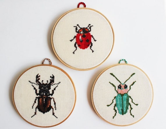 Hand embroidered hoop. Bugs or beetles. Small craft collection. Set of 3 hoops. Made to order