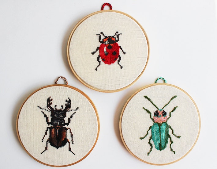 Hand embroidered hoop. Bugs or beetles. Small craft collection. Set of 3 hoops. Made to order