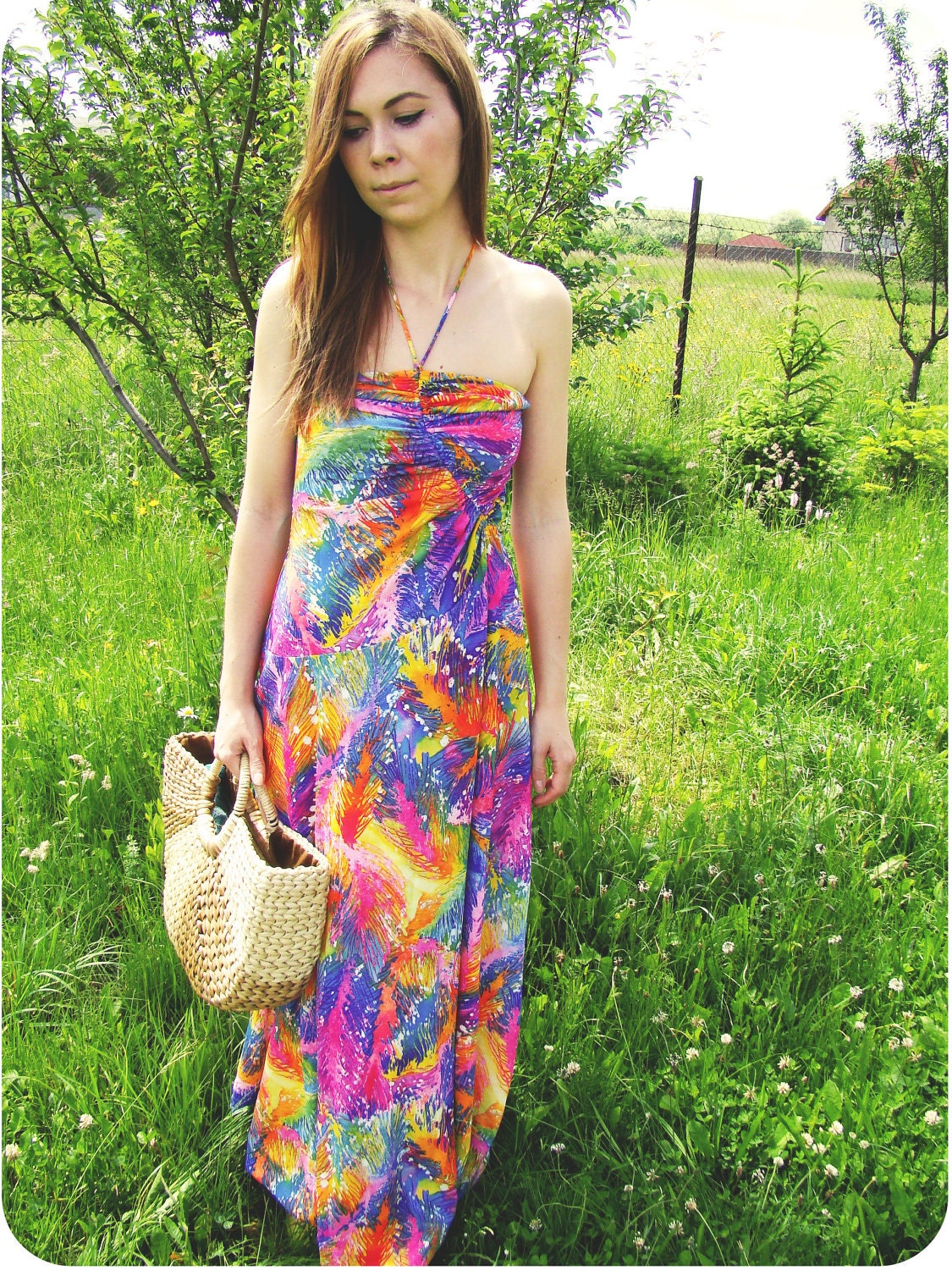VTG 80's Maxi Dress-Neon Abstract Print Hippie/Boho