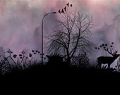 Large wall art, Panoramic art , Black silhouette art, Purple and black, Papercut art