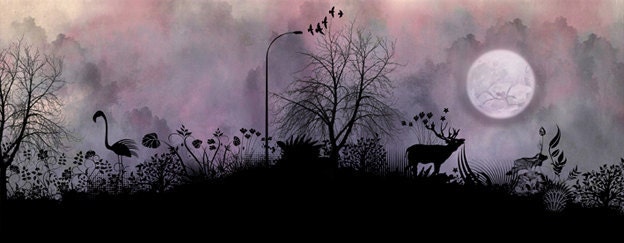 Large wall art, Panoramic art , Black silhouette art, Purple and black, Papercut art
