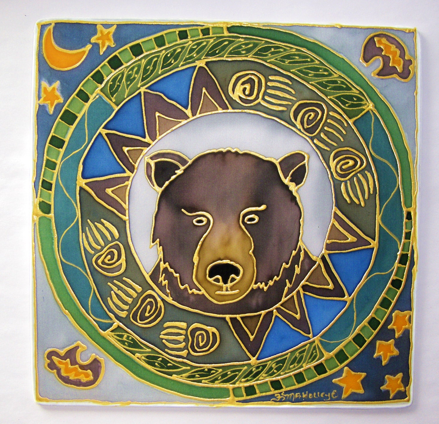 Animal guide Mandala The Bear silk art by HeavenOnEarthSilks