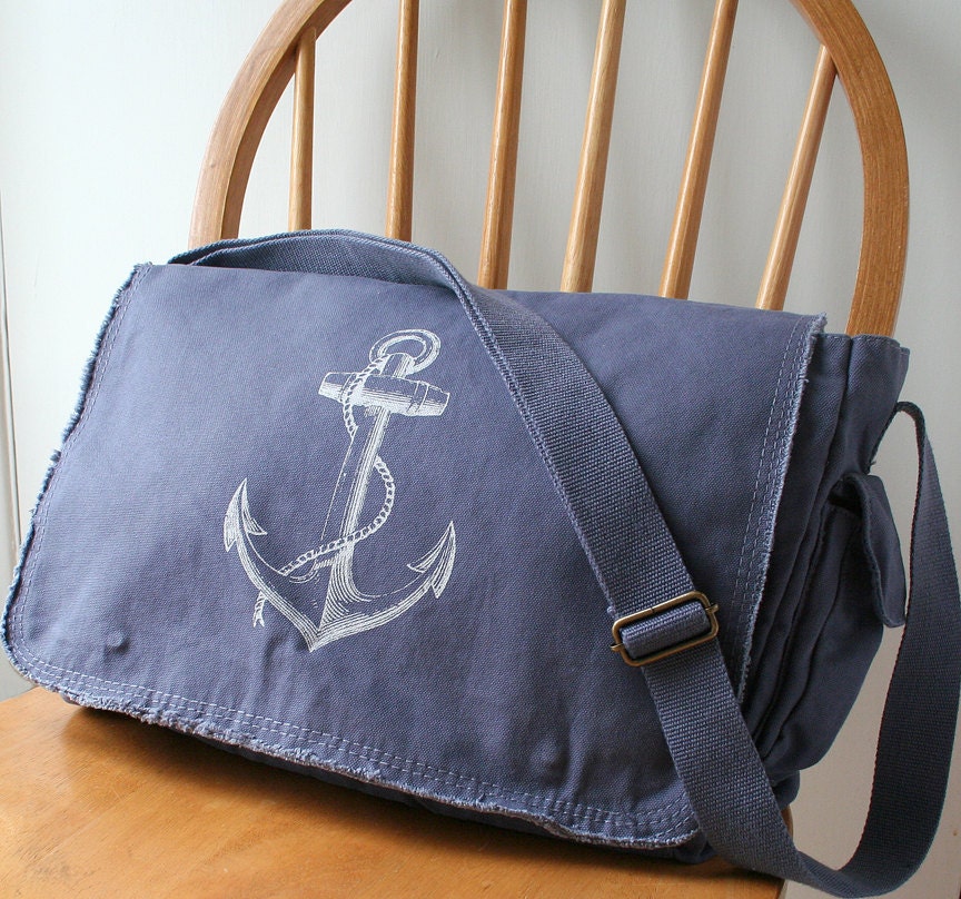 Anchor Messenger Bag Blue Canvas Screen Printed