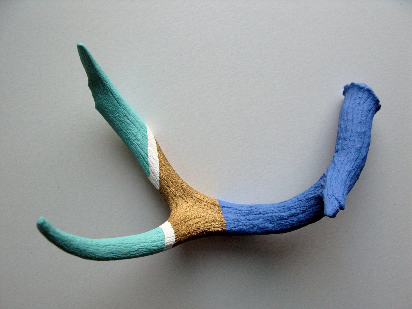 Aqua, White, Gold & Blue Striped Painted Deer Antler - Small/Medium