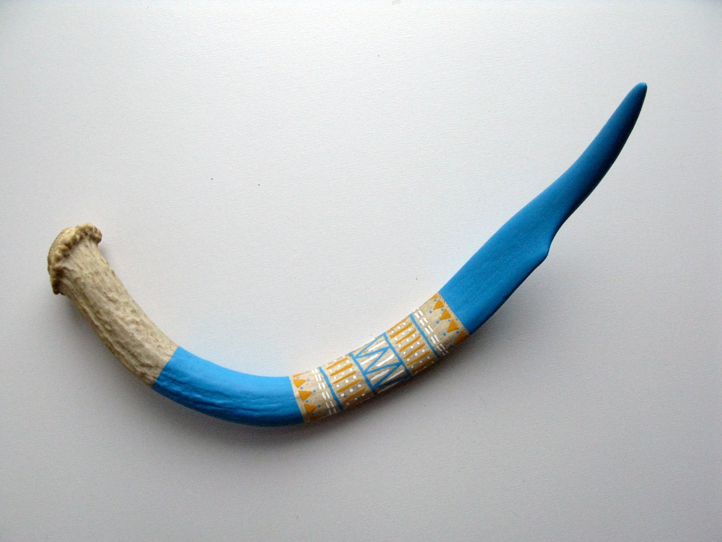 Blue, Yellow & White Patterned Painted Antler Spike - Small