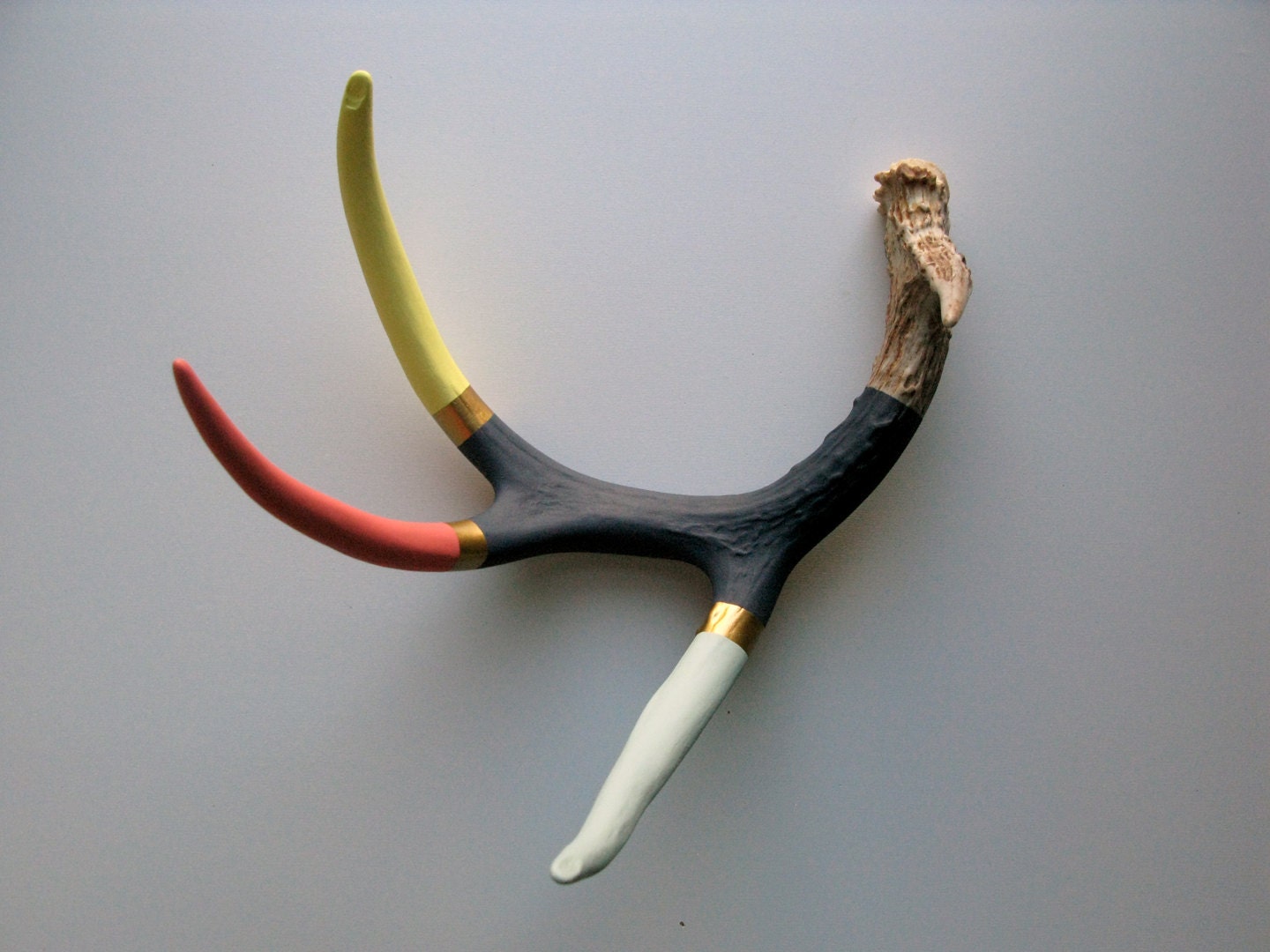 Yellow, Coral, Seafoam, Gold & Navy Striped Painted Antler - Large