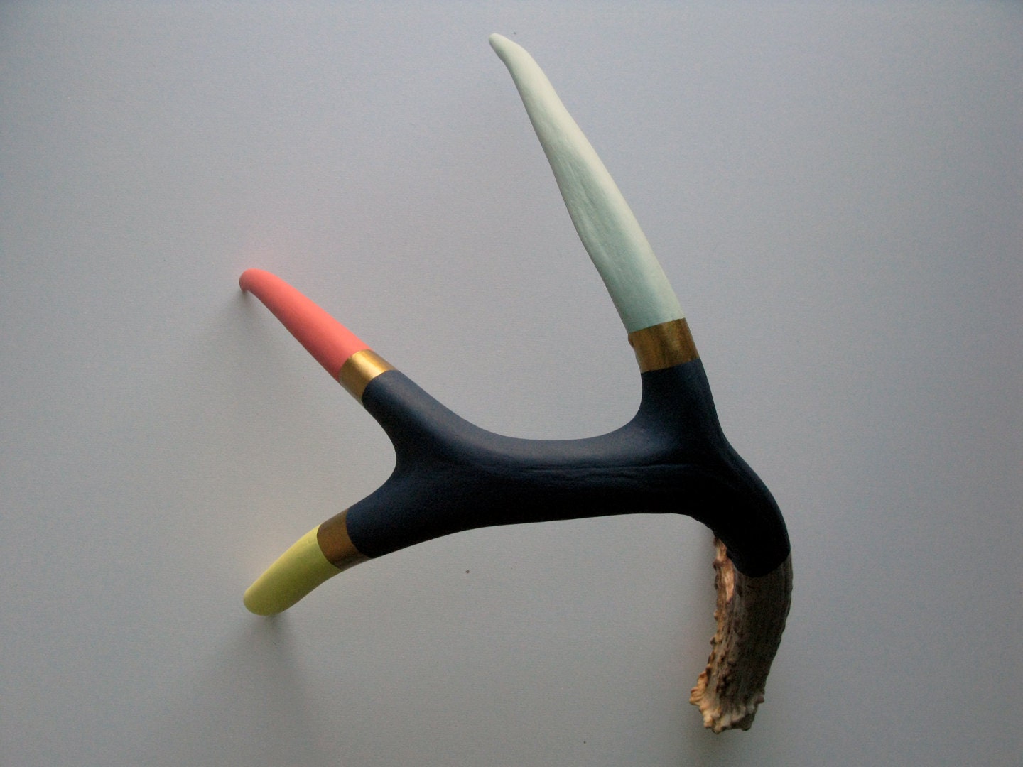 Yellow, Coral, Seafoam, Gold & Navy Striped Painted Antler - Large