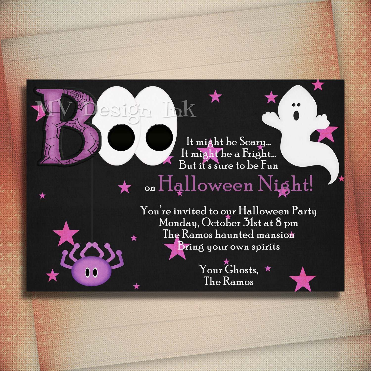 Boo Ghost and Spider Halloween Invitation, Halloween Ghost Printable Invite, Spider Halloween Printable Invite - Digital File You Print