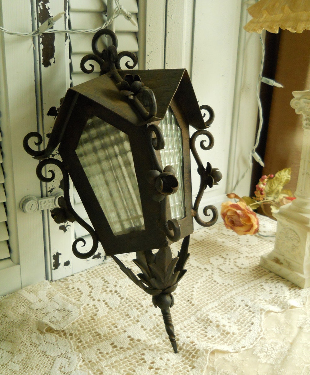 Vintage Garden Lantern Thick Grid Glass Panes And Metal, Scrolls, Barbola Trim, Bronze/ Black Color, Shabby Garden Decor Antiques Paris Apt
