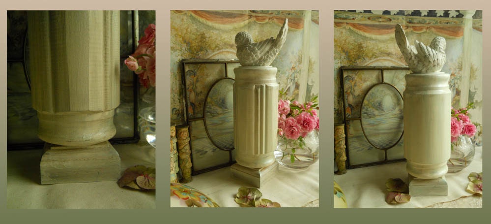 Reserved Vintage Bird On A Pedestal, Wood Newel Post Painted White With Silvery Moss Green Upcycled Home Decor ShabbyChic Paris Apt Cottage