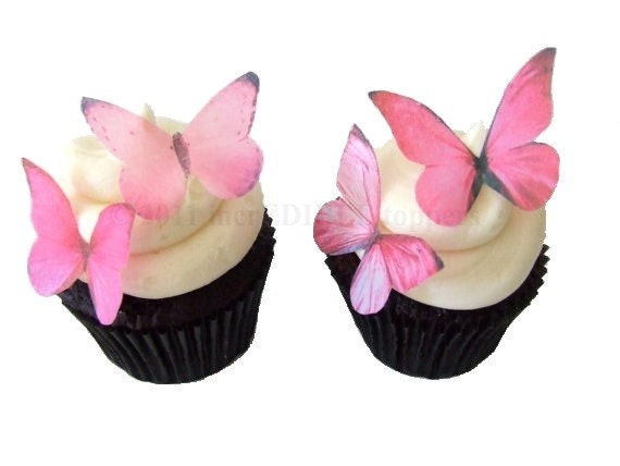 CAKE TOPPERS - 24 Edible Butterflies in Prettiest Pink - Cupcake Toppers, Cake Decorations, Cup Cake Decorations