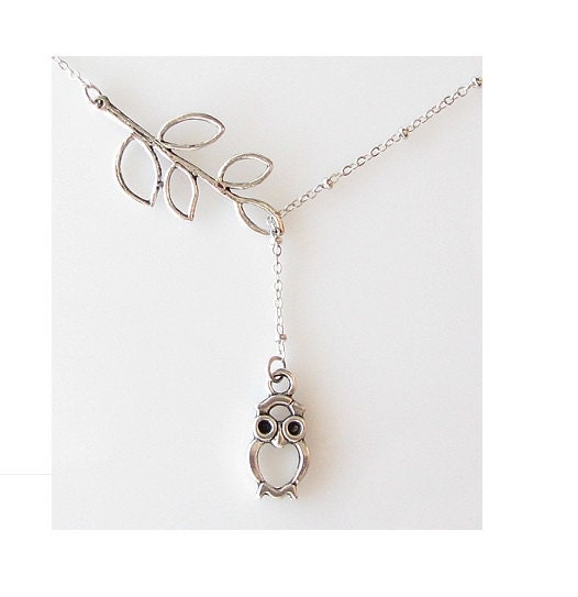 small owl necklace, silver lariat necklace, owl jewelry, branch necklace, leaf necklace lariat, owl jewelry
