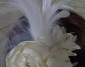 Wedding Cream Flower & White Feather Fascinator Hair Clip with bridal tulle blusher with vitage bead embellishment
