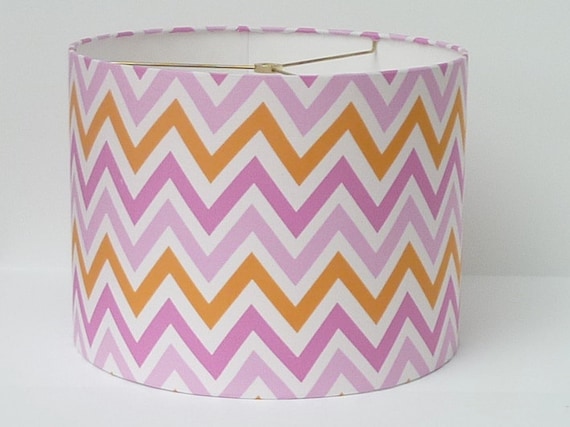 Small Drum Lamp Shade in a Pink and Orange Chevron / Zigzag Fabric.