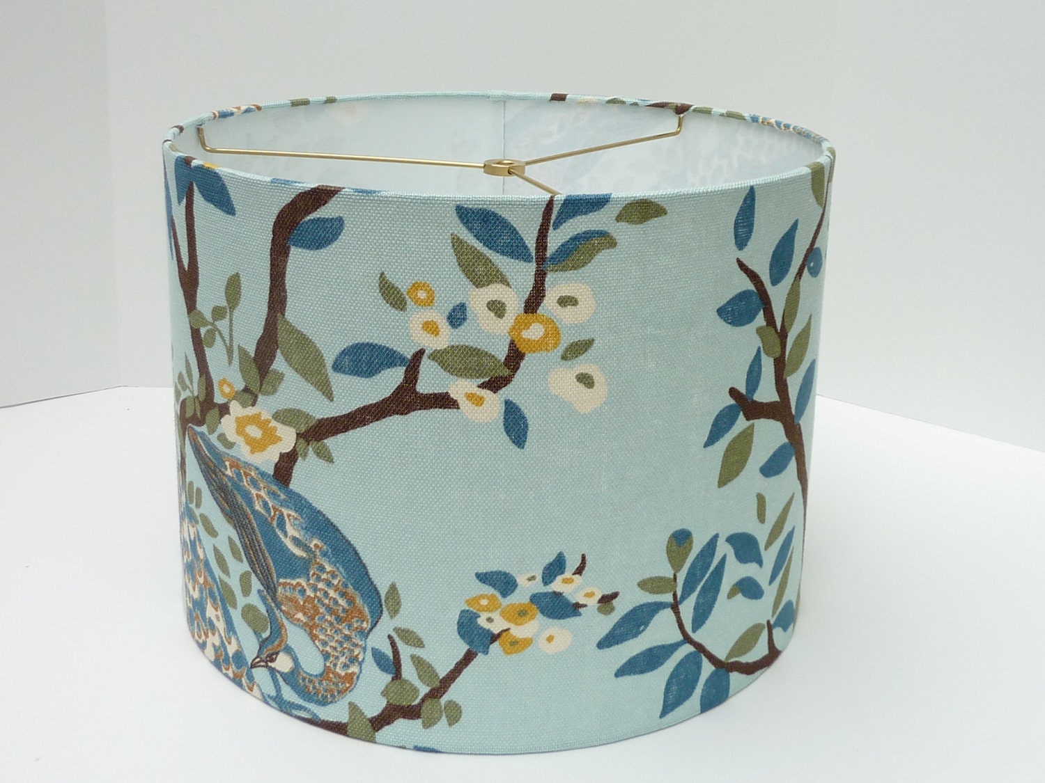 Medium Drum Lampshade in Dwell Studio Vingage Plumes (jade) Peacock