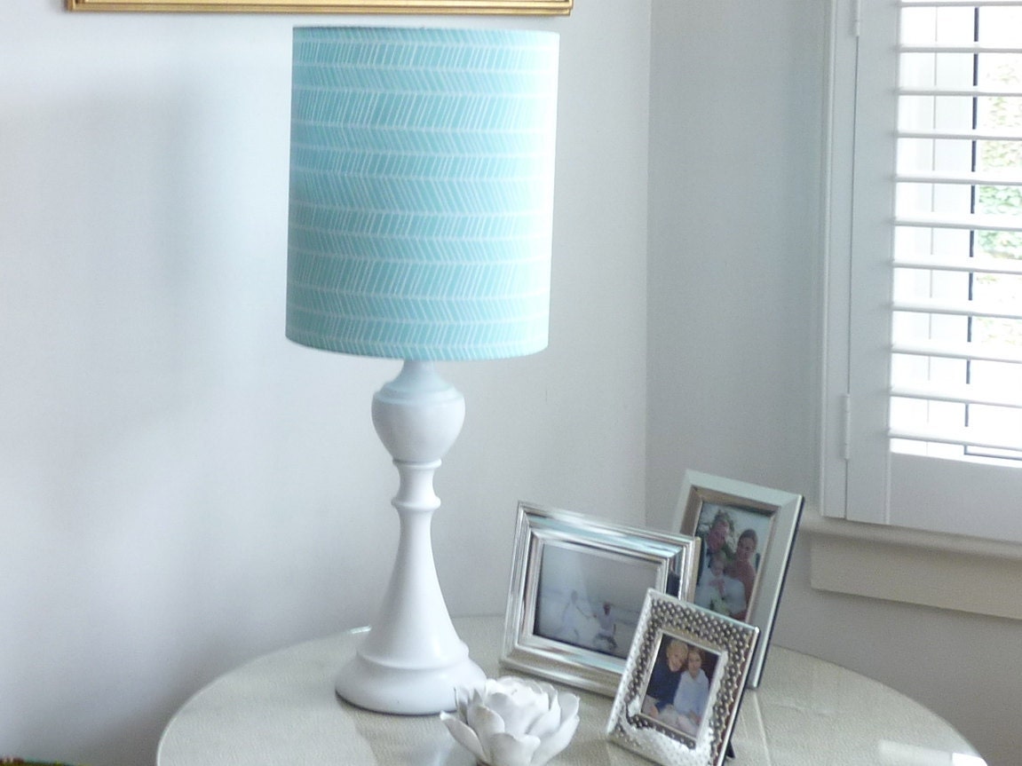 Medium Drum lampshade in aqua geometric herringbone modern fabric