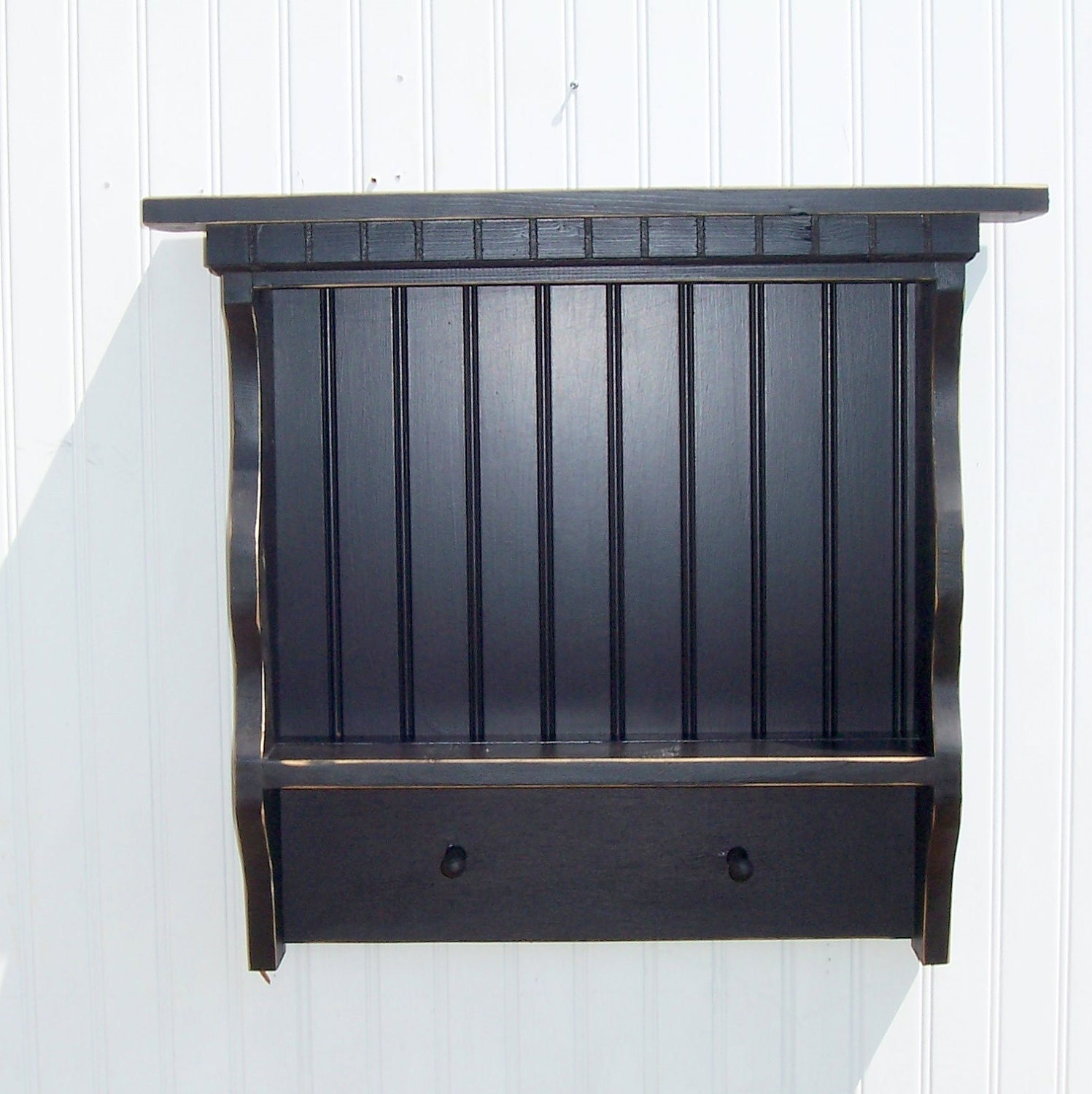 WOODEN WALL SHELF Shabby Chic Paris Apartment Dental Molding Beadboard Back Black