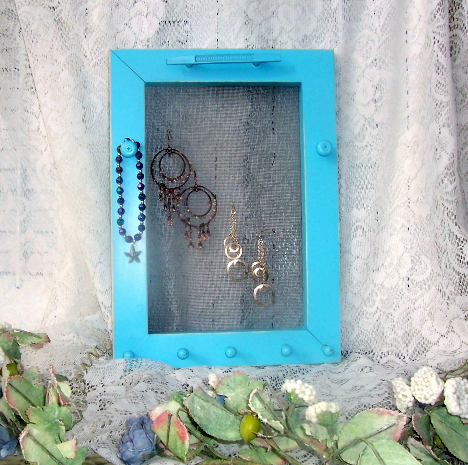 jewelry frame aqua framed jewelry holder earrings necklaces bracelets organizer peg rack