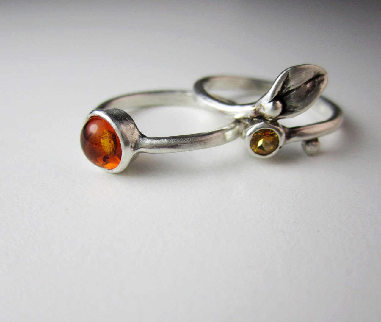 Amber & Citrine Set Rings, Silver Small Leaf Ring