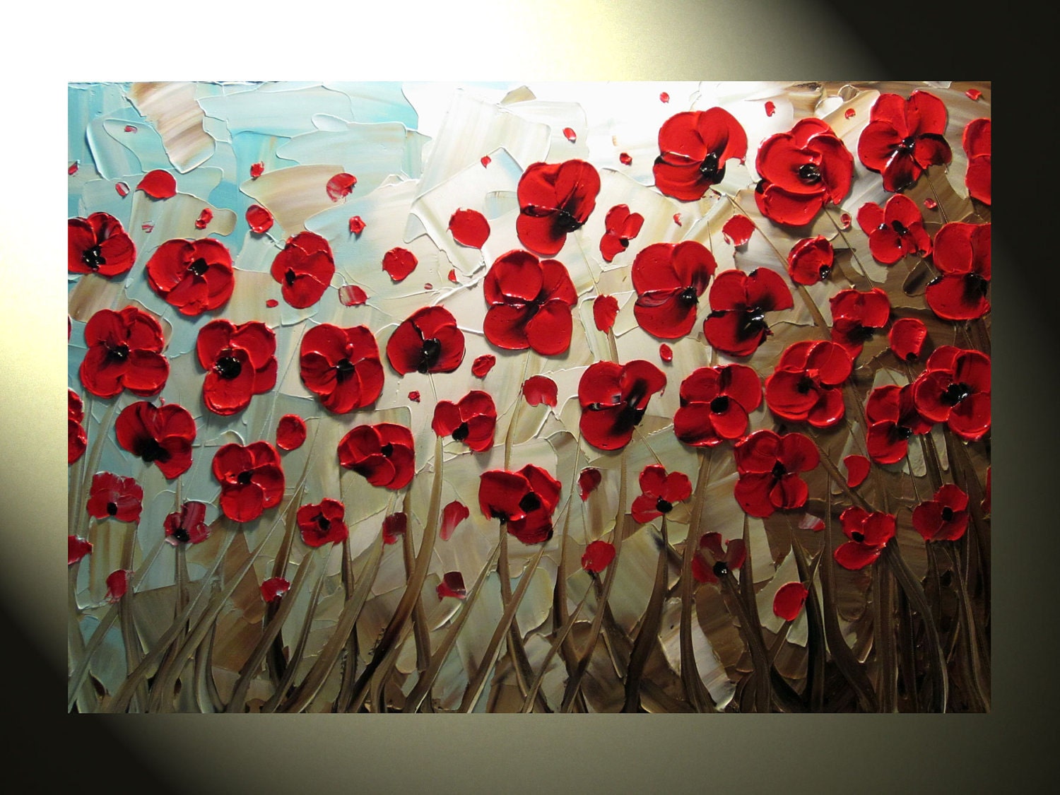 Original Abstract Textured Painting, Red Poppy Painting, Modern Flower Painting, Poppies Blue Brown Palette Knife, 24x36" by Christine