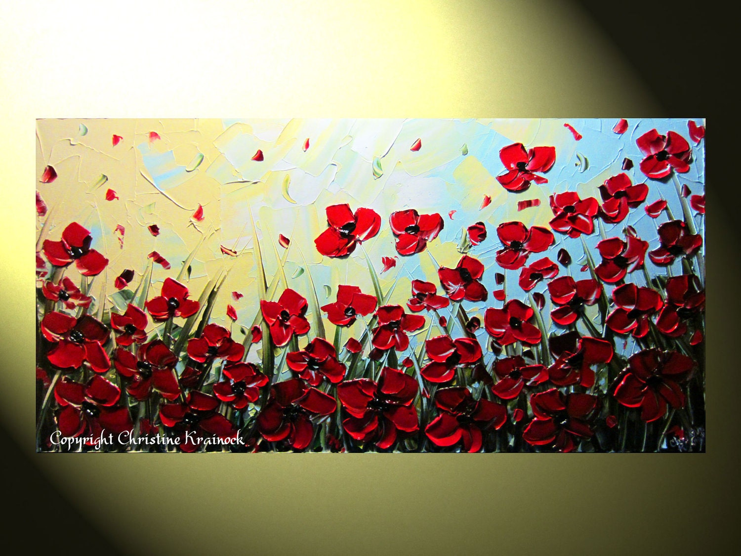 Original Abstract Textured Painting, Red Poppy, Palette Knife, Poppies Blossoms Floral, Modern Red Flower, Blue Gold 24x48" -Christine