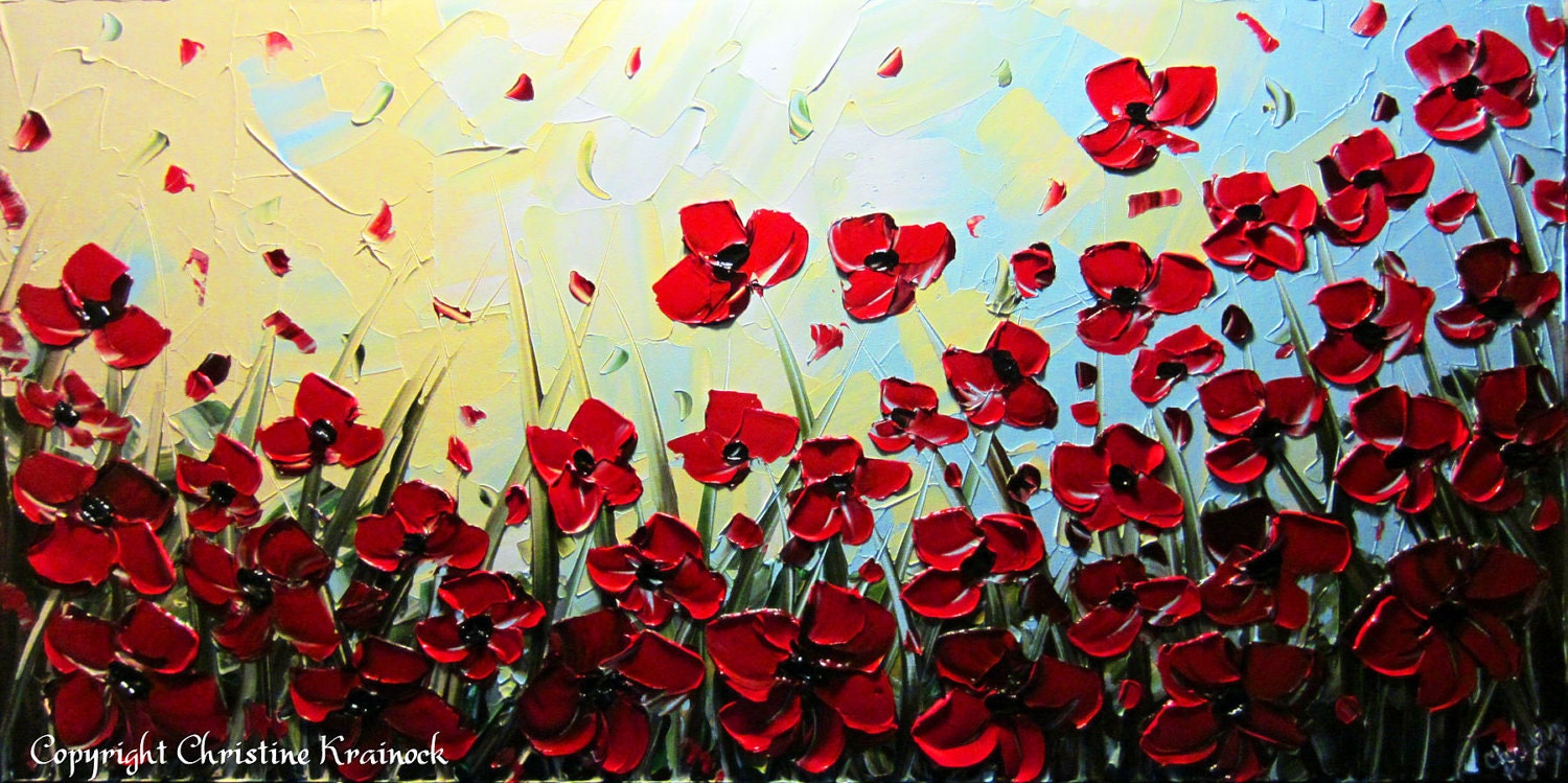 Original Abstract Textured Painting, Red Poppy, Palette Knife, Poppies Blossoms Floral, Modern Red Flower, Blue Gold 24x48" -Christine