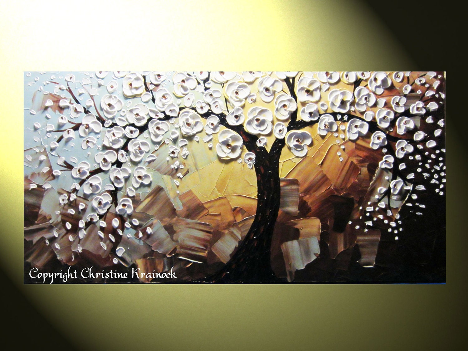 Original Abstract Tree Painting, Blossoming Tree of Life, Modern White Floral Painting, Palette Knife, Blue Brown Gold, 48x24" by Christine
