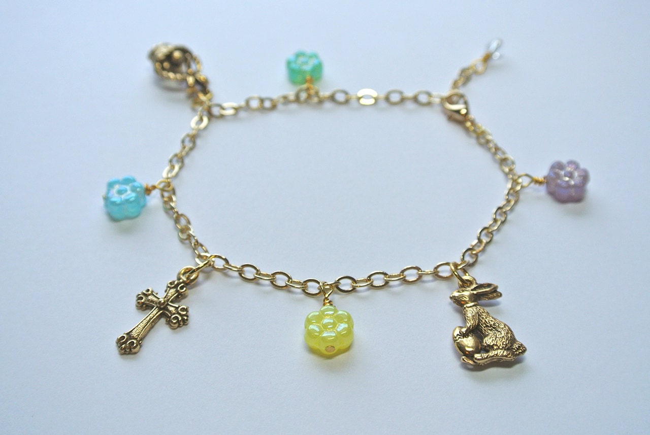 Easter Charm Bracelet with Gold Plated Charms and Colorful Flower Beads