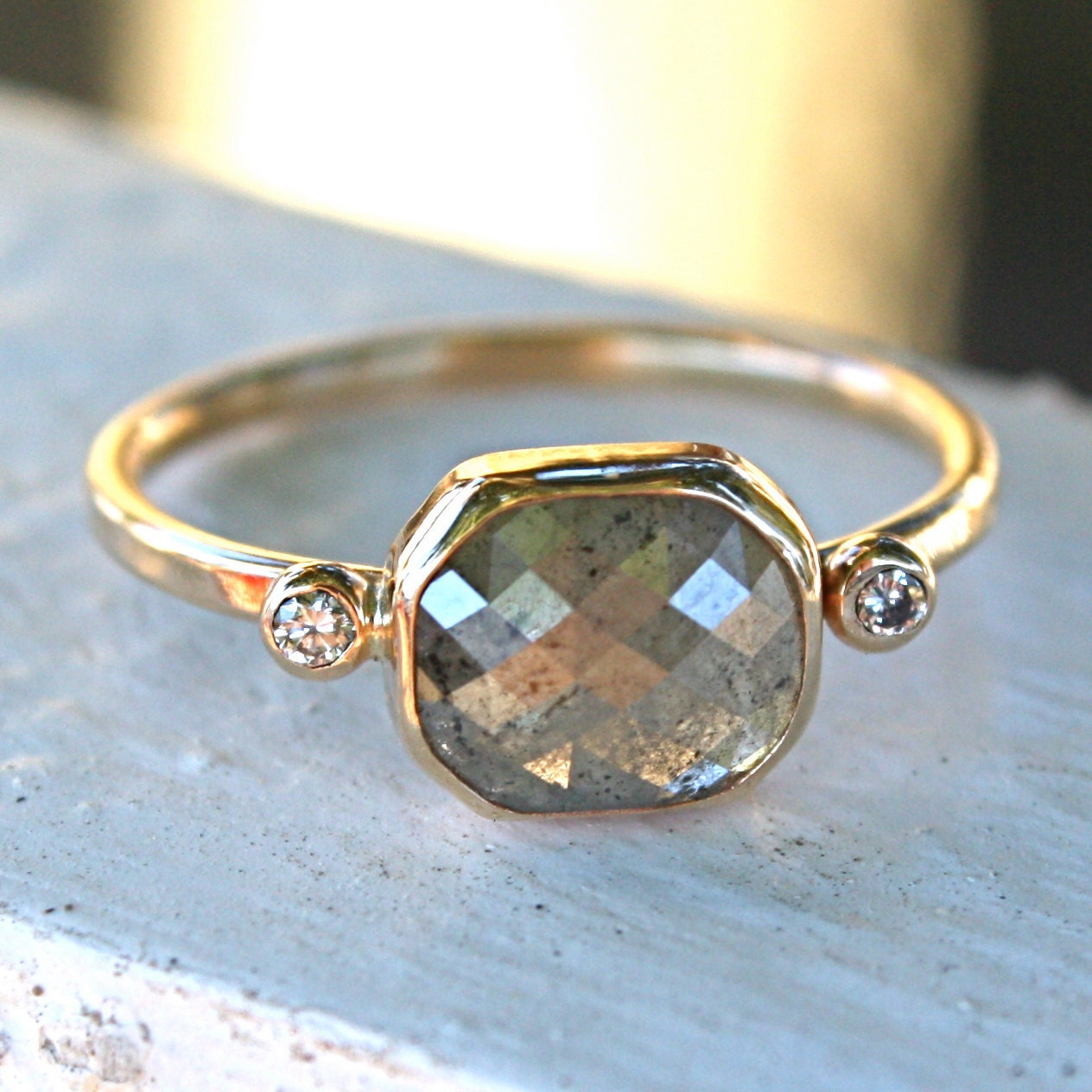 Diamond Ring- Rose Cut Diamond Slice in 14K White Palladium Gold- Engagement Ring
