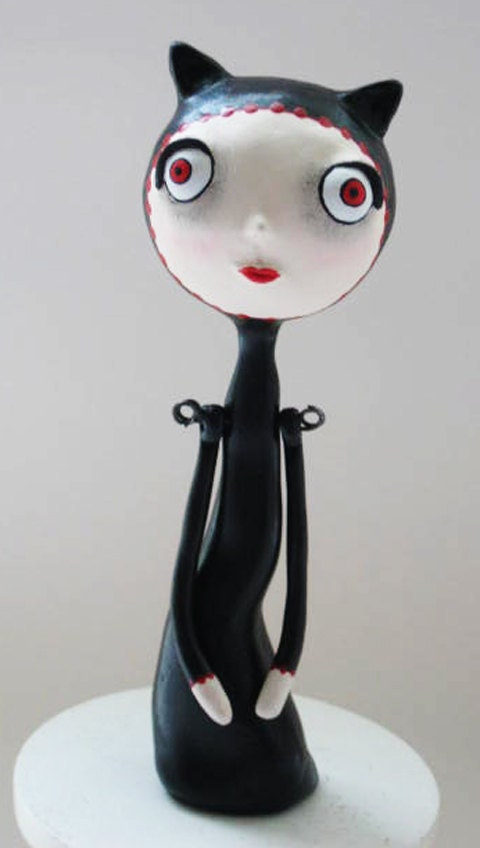 Black Cat Art Doll - Paper Clay Sculpted - Girl Cat Doll