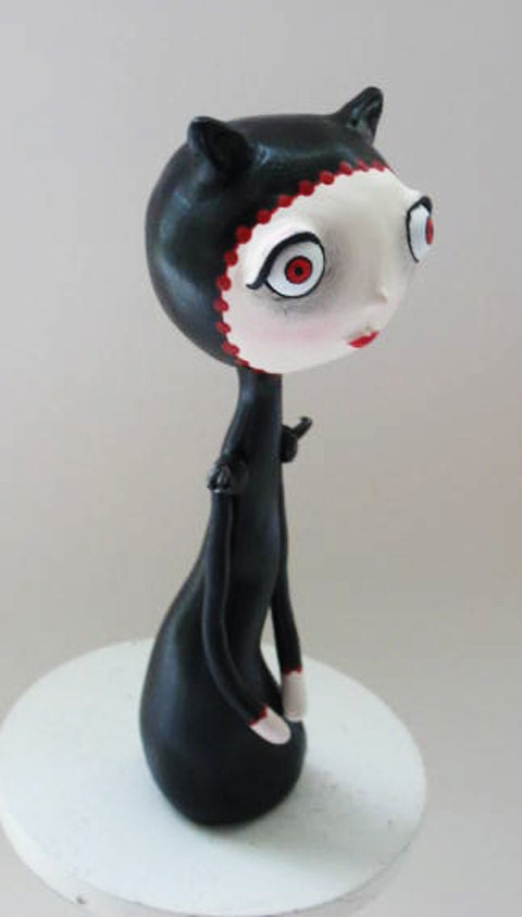 Black Cat Art Doll - Paper Clay Sculpted - Girl Cat Doll