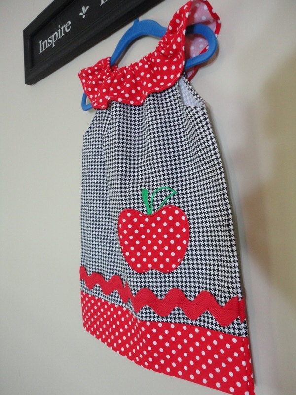 Girls Peasant Dress 'Sarah' Red Apple Appliqued Black and White Houndstooth Red Polka Dot