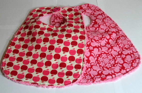 Baby BIbs Apple of My Eye Red Apples Floral Pink Chenille Set of Two
