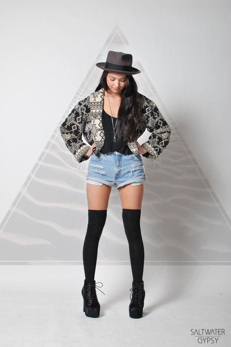 Vintage Aztec Print Cropped Jacket