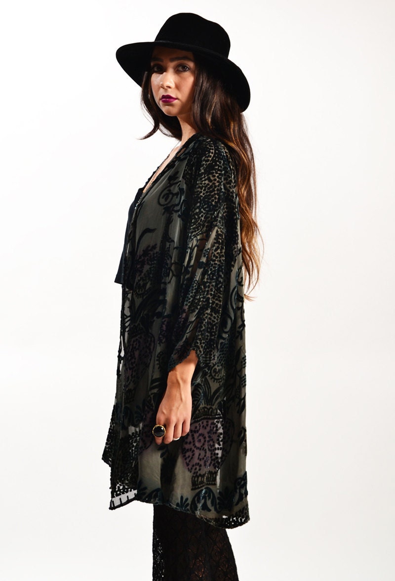 Hunter Green Velvet Burnout Gypsy Kimono Jacket
